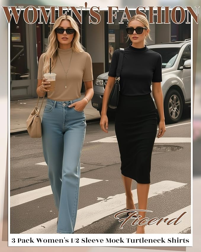 Ficerd 3 Pack Women's 1/2 Sleeve Mock Turtleneck Shirts, Elbow Length Shirt Half Sleeve Tunic Top Casual Summer Basic Tees