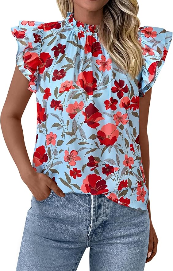 PRETTYGARDEN Women's Ruffle Short Sleeve Summer Tops 2026 Trendy Floral Trim Neck Casual Dressy Chiffon Boho Blouses Shirts