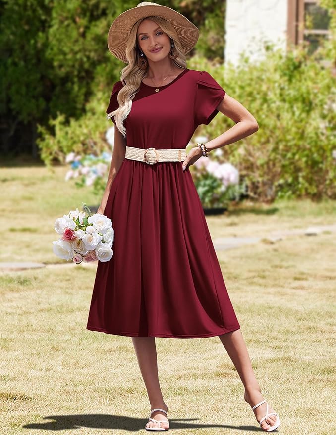 HOTOUCH Women's Summer A-Line Midi Dresses 2026 Casual Floral Short Sleeve T-Shirt Dress Flowy Beach Sundress with Pockets