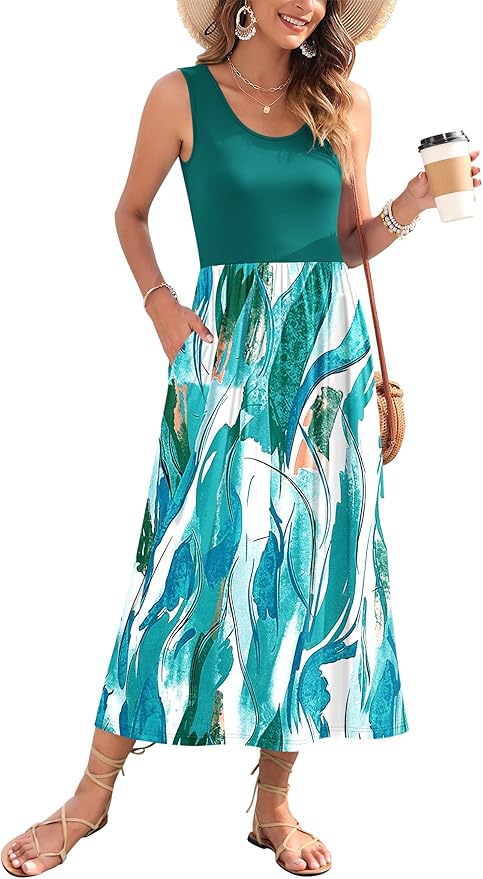 WNEEDU Women's Summer Maxi Dress 2026 Casual Sleeveless Hawaiian Sundress Tropical Long Dress Beach Vacation Outfit