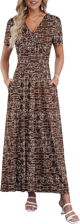 AUSELILY Maxi Dresses for Women Ankle Length Floral Print Beach Long Flowy Dress with Pockets