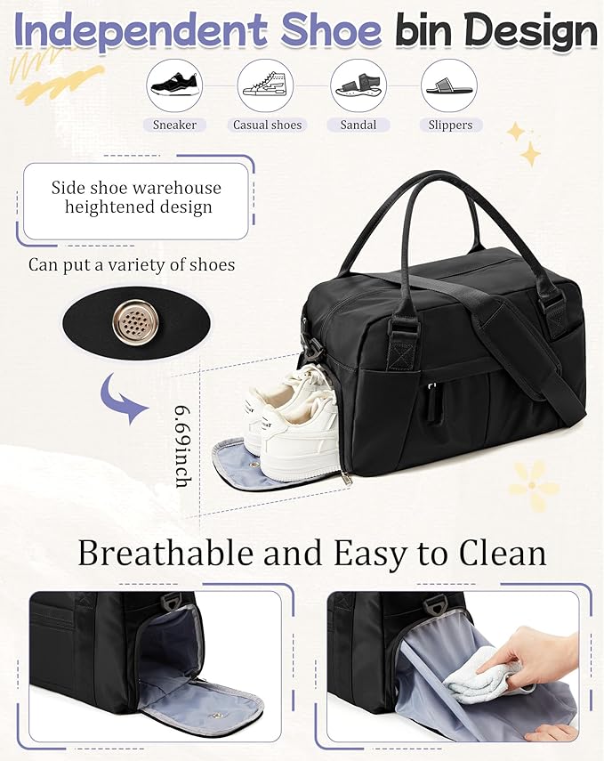 Small Black Gym Duffle Bag for Women Men with Shoe Compartment, Mini Cute Weekender Handbag Carry on Travel Bag for Airplane, Water Resistant Sports Yoga Tote Bag with Dry Wet Separated Pocket.