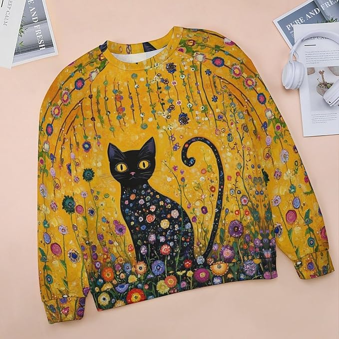Spatofa Womens novelty funny cat printed crewneck sweatshirt casual loose long sleeve graphic pullover sweatshirts tops