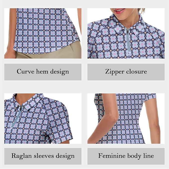Women's Golf Shirt Short Sleeve Tennis Shirt Quarter Zip Golf Pullover Golf Polo Shirts Argyle Tops