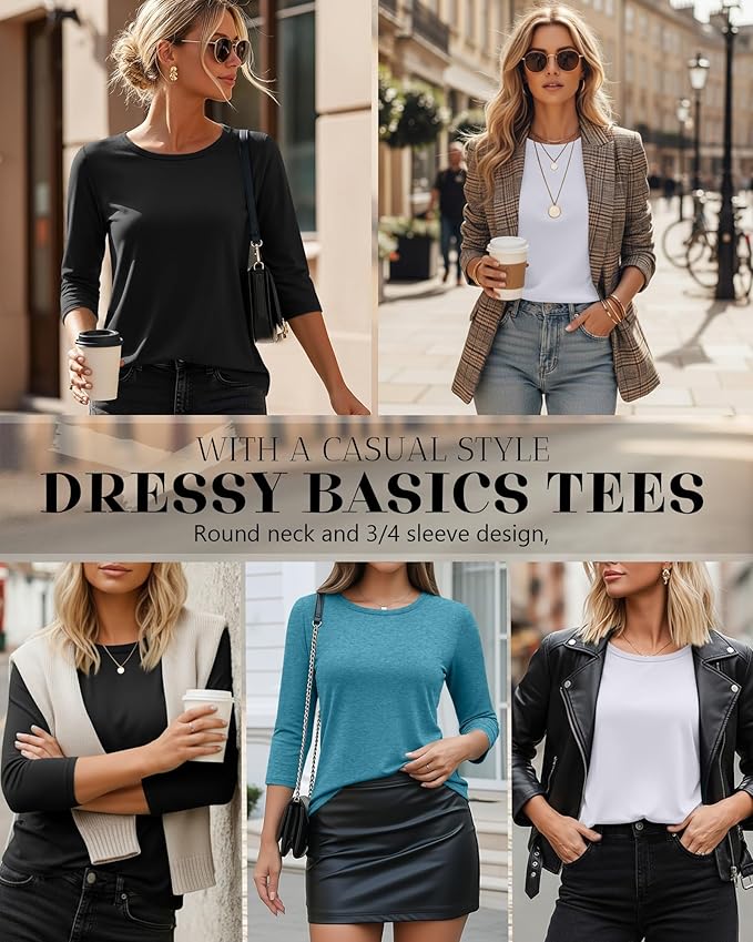 Ficerd 3 Pack 3/4 Sleeve Tops for Women Round Neck Dressy Basics Tees Casual Trendy Loose Fit T Shirts