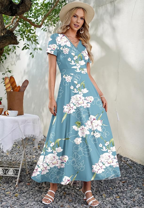 AUSELILY Maxi Dresses for Women Ankle Length Floral Print Beach Long Flowy Dress with Pockets