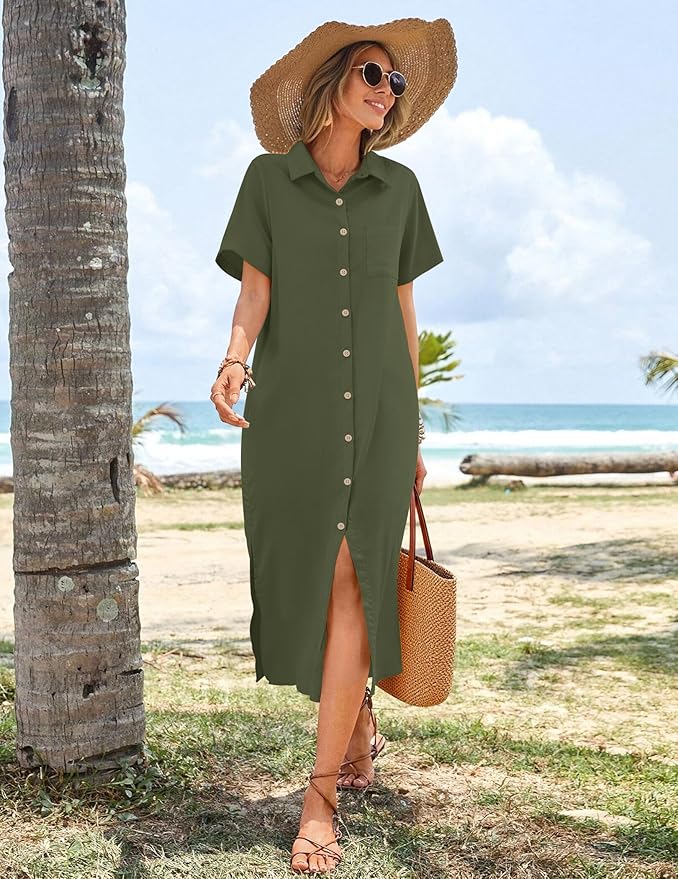 HOTOUCH Womens Dress Summer Casual Midi Short Sleeve Button Down Shirt Dresses Loose Beach Cover Up with Pockets