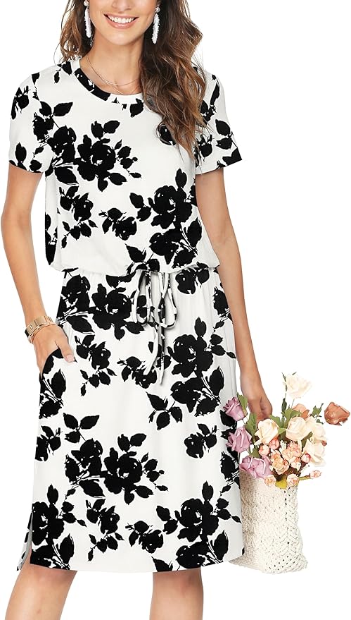 Simier Fariry Womens Spring Hide Belly Knee Length Travel Dress Pocket Summer Short Sleeve Midi Work Casual Outfits