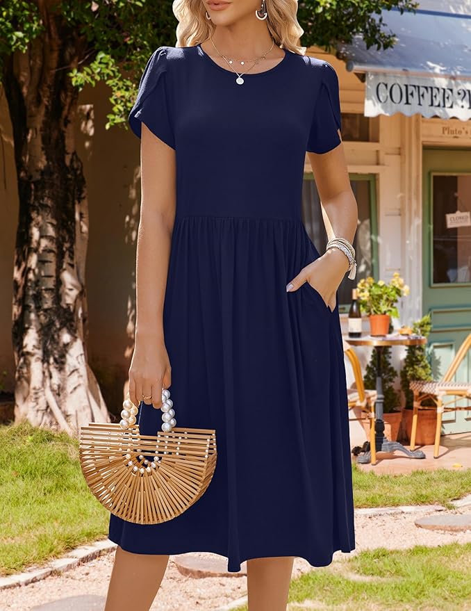 HOTOUCH Women's Summer A-Line Midi Dresses 2026 Casual Floral Short Sleeve T-Shirt Dress Flowy Beach Sundress with Pockets