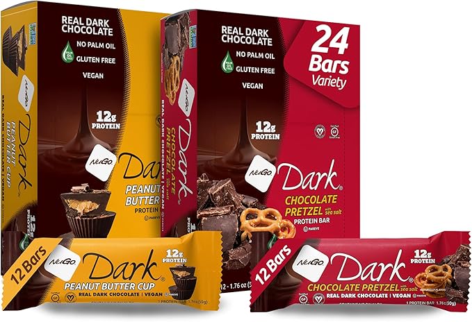 NuGo Dark Variety - Pretzel with Sea Salt 12 Bars & Peanut Butter Cup 12 Bars, 12g Protein Bar, Vegan, Gluten Free, Non-GMO, Kosher Pareve, 24 Count Variety