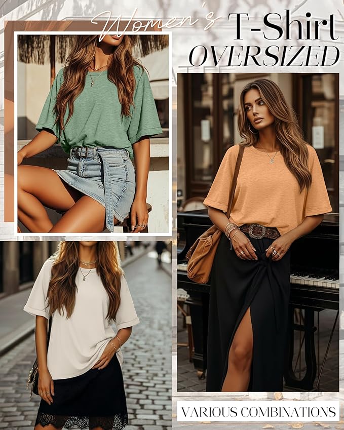 Riyiper 3 Pack Women's Oversized T-Shirt Half Sleeve Summer Tees Casual Loose Fit Crew Neck Basic Tops