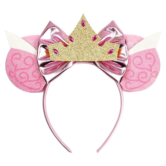 zhezesmila Mouse Ears Headband with Shiny Sequins with Bow & Crown Princess Ears Headband for Women Party Costume Trip Essentials