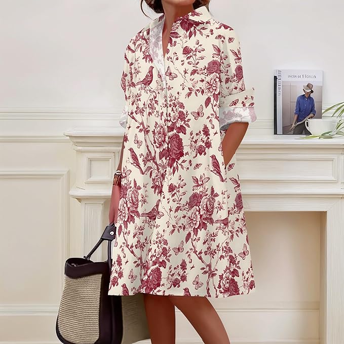 Shirt Dresses for Women 2025 Summer Long Sleeve Casual Plus Size Floral Printed Beach Vacation Dress with Pockets