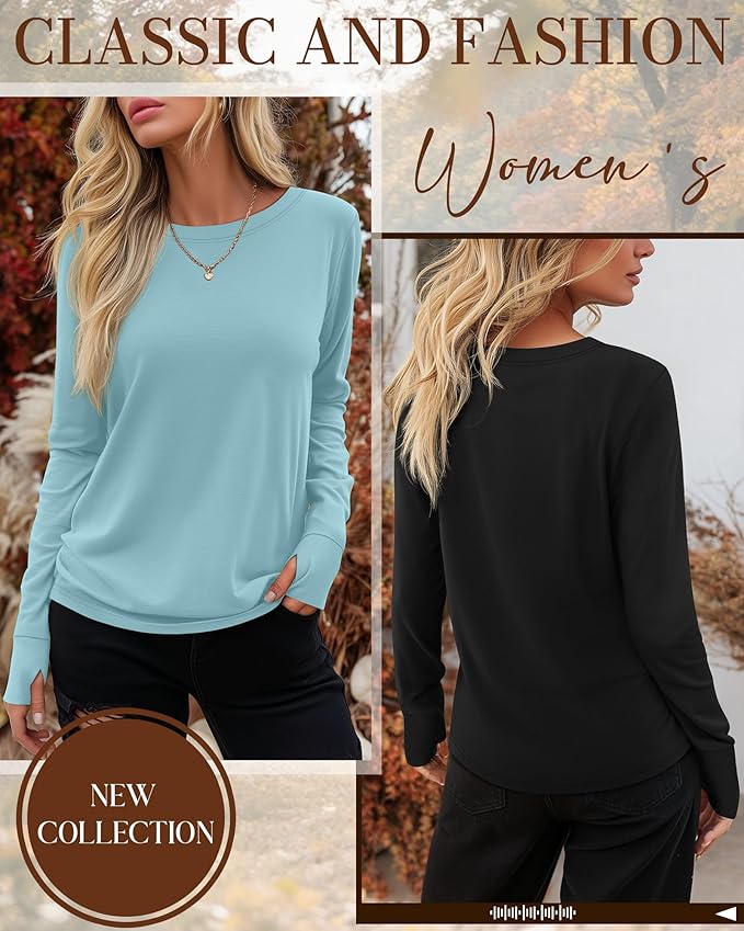 Huukeay 3 Pack Women's Long Sleeve Shirts with Thumb Holes, Cotton Casual Crew Neck Tunic Tops Fall Loose Y2k Trendy Outfits
