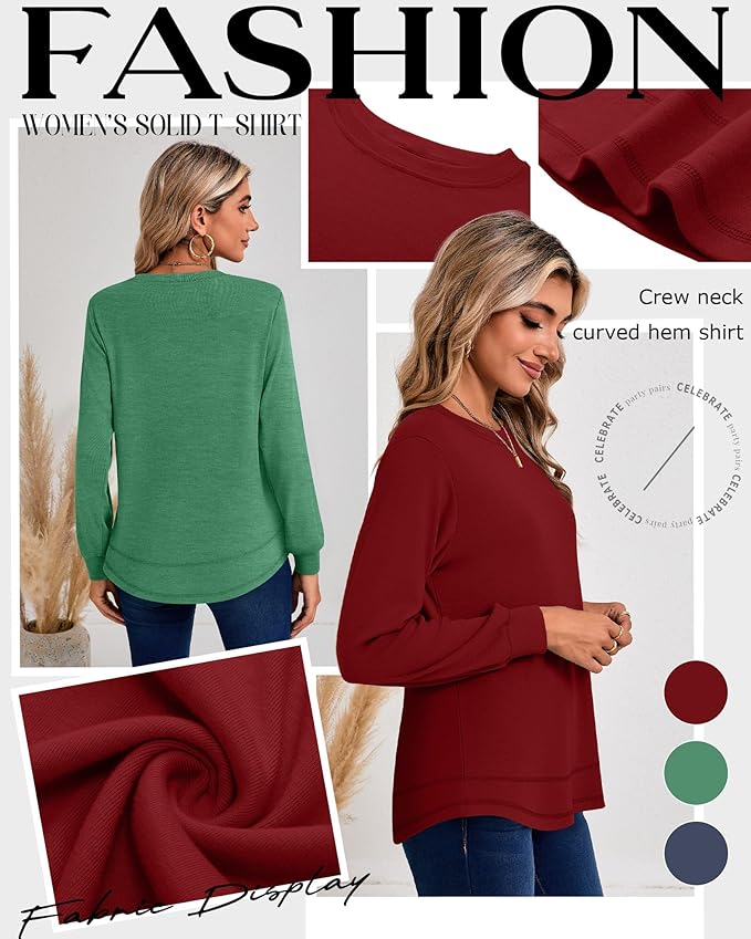 Ficerd 3 Pack Women's Long Sleeve Shirts, Cotton Crew Neck Tunic Tops Casual Loose Fit Pullover Sweatshirts Curved Hem Shirts
