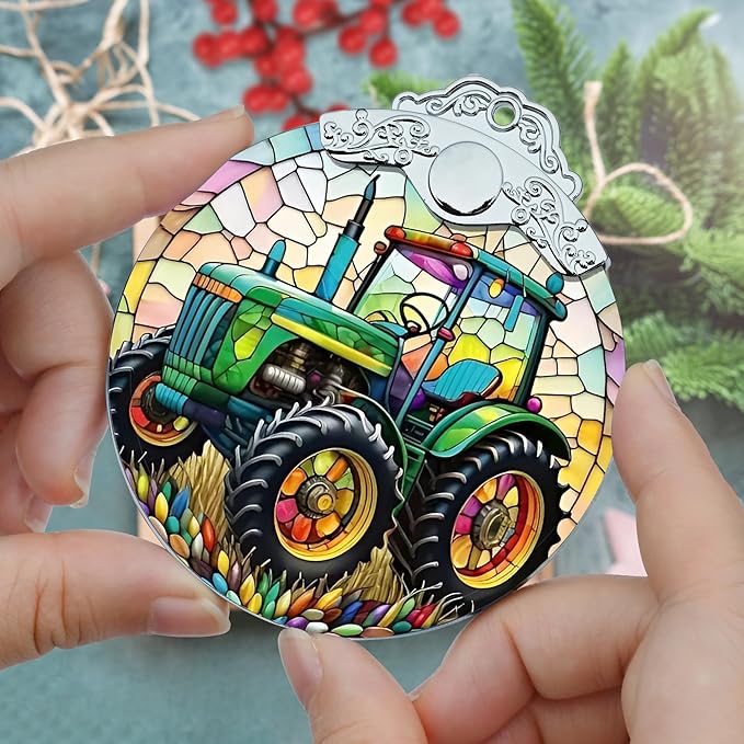 Jocidea Christmas Ornament, Tractor Christmas Decor, Tractor Ornaments for Christmas Tree, Stained Glass Ornament, Tractor Gifts, Holiday Decorations and Xmas Gifts Ideas