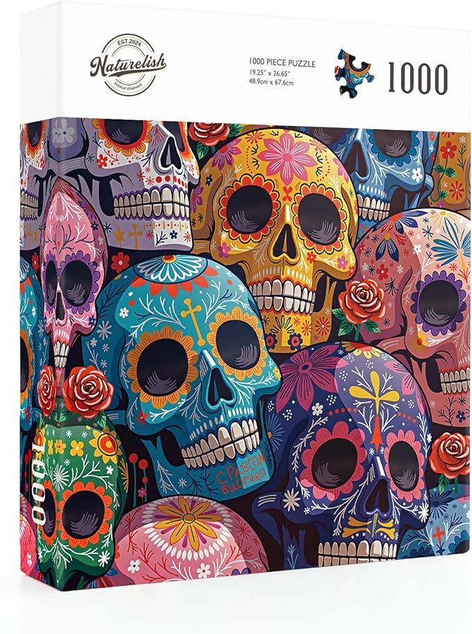 Naturelish 1000 Piece Puzzle for Adults, Colorful Floral Skull Artwork with Matte Finish, Color-Coded Back for Easy Sorting, Vibrant Art Puzzle for Adults, 19.25 x 26.65 in