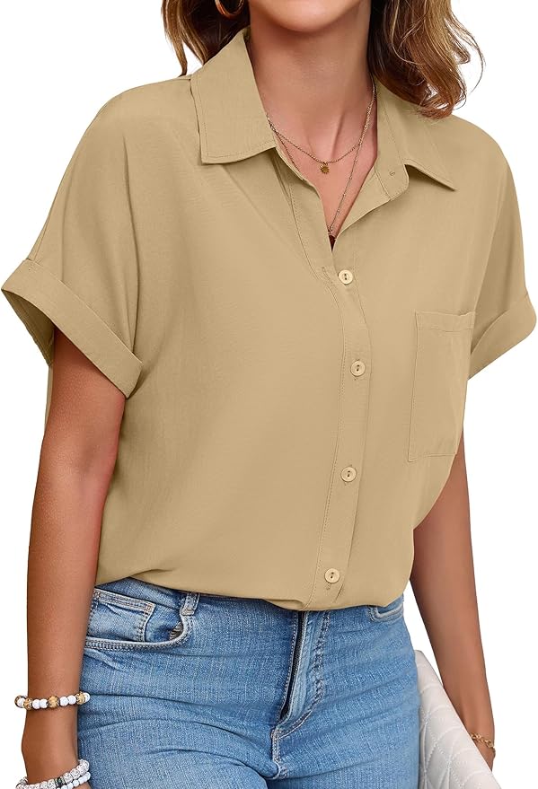 Womens Button Down Shirt Casual Short Sleeve Collared Work Blouse with Pocket