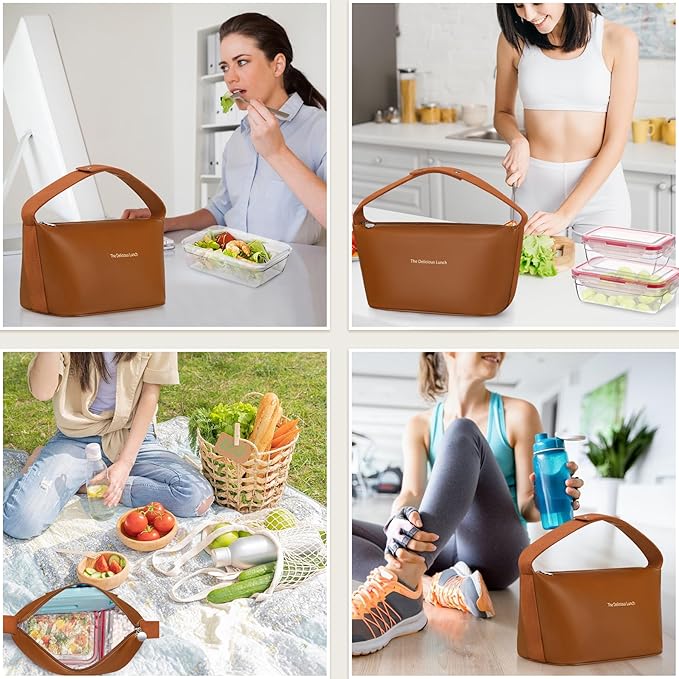 Lunch Bag Set For Women Insulated Leather Woman Lunch Bag With 2 Lunch Box Containers Spoon and Ice Pack Leakproof Reusable High Capacity Lunch Tote Bags for Work, Travel, Outdoor