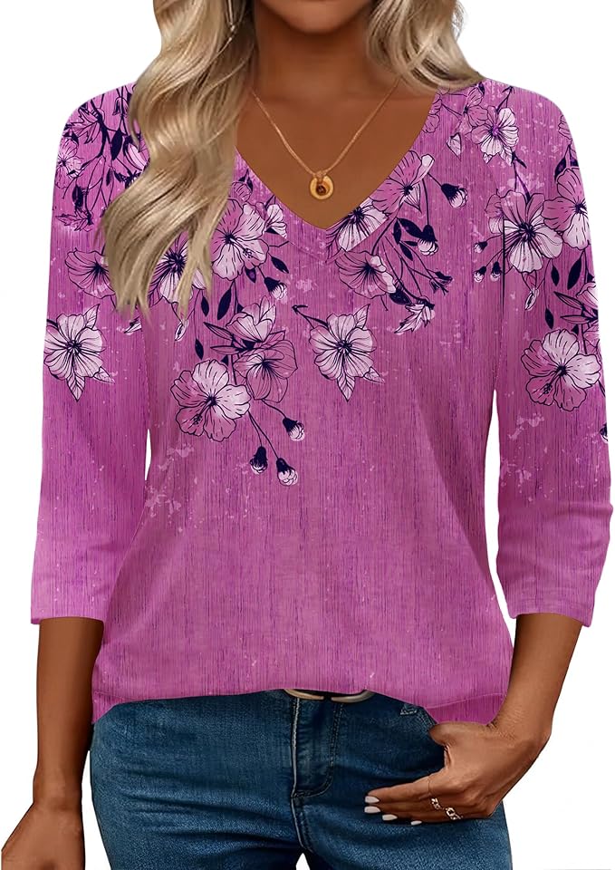 Zeagoo 3/4 Length Sleeve Womens Tops Casual V Neck Shirts Soft Basic Tees Business Work Blouses