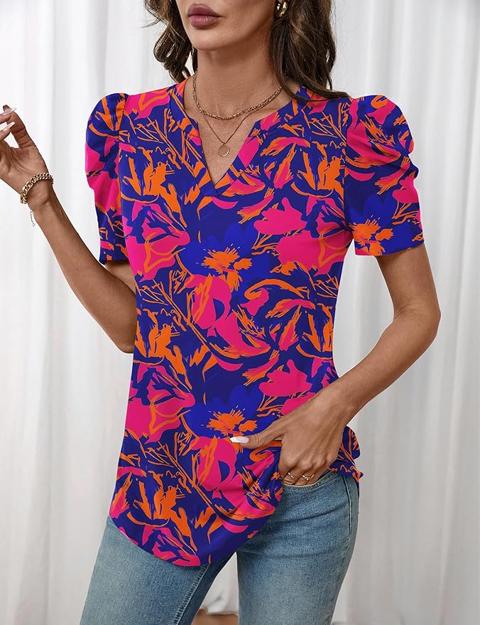 Lomon Spring Summer Tops for Women 2026 V Neck Puff Short Sleeve Tops Fashion Trendy Work Blouses Dressy Casual S-XXL