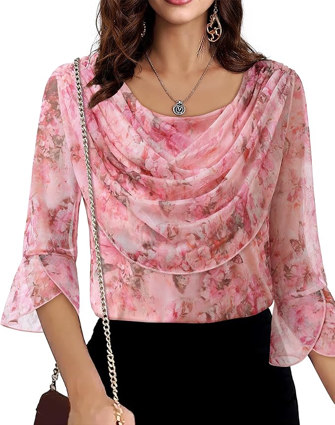 Lotusmile Blouses for Women Dressy Casual 3/4 Sleeve Cowl Neck Sparkly Tops Cocktail Shirts for Evening Party