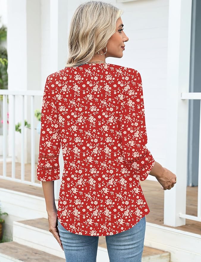 Ivicoer 3/4 Length Sleeve Womens Tops V Neck Lace Embroidered Summer Blouses Loose Fit Tunic Dressy Casual