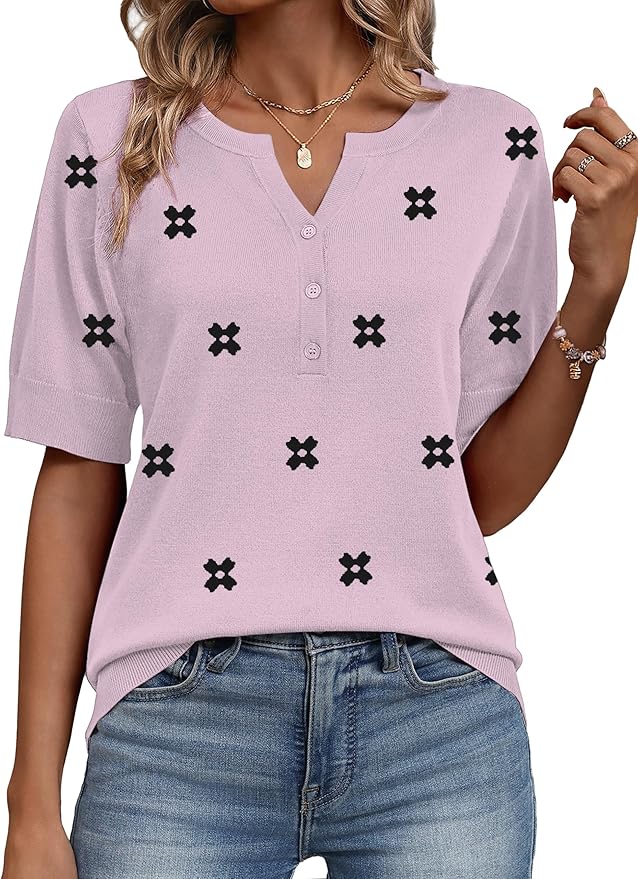 Zeagoo Women's Short Sleeve Sweater 2026 Spring Summer Tops Lightweight Casual V Neck Sweaters Dressy Work Blouses Clothes