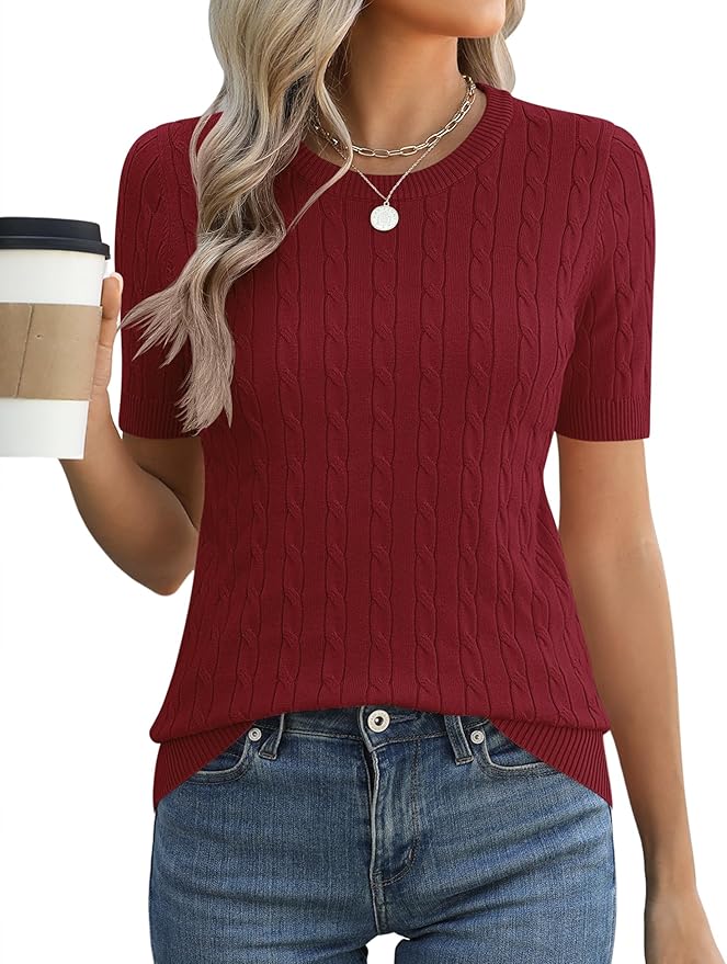 Micoson Womens Short Sleeve Cable Knit Sweater Tops Crewneck Lightweight Spring Summer Shirts Business Dressy Casual Outfits