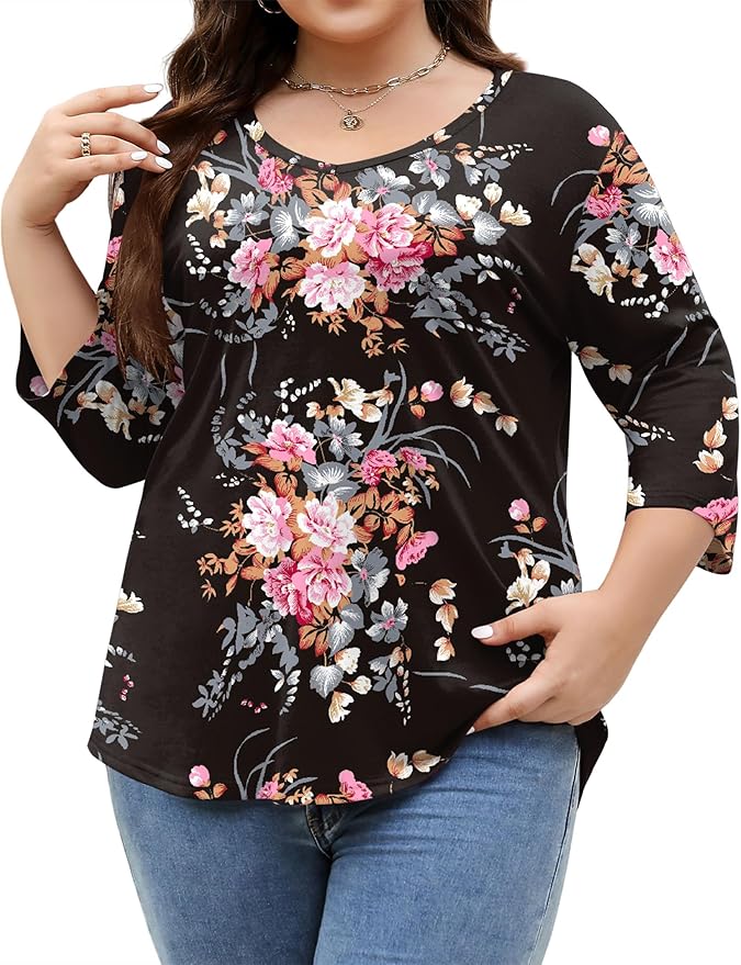 TFSDOD Womens Plus Size Tops V Neck T Shirts 3/4 Sleeve Blouse Summer Casual Tees XL-5X