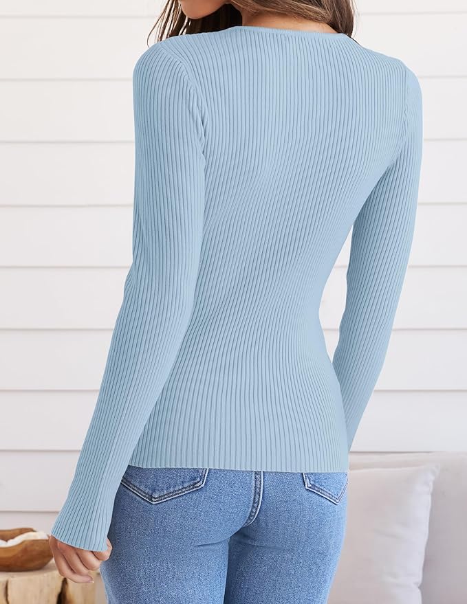 ZESICA Women's Long Sleeve Crewneck Shirts 2026 Fall Ribbed Knit Sweater Slim Fitted Casual Basic Tee Tops