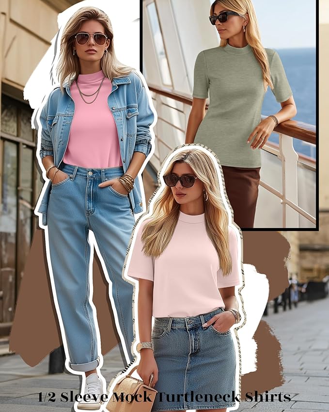Ficerd 3 Pack Women's 1/2 Sleeve Mock Turtleneck Shirts, Elbow Length Shirt Half Sleeve Tunic Top Casual Summer Basic Tees