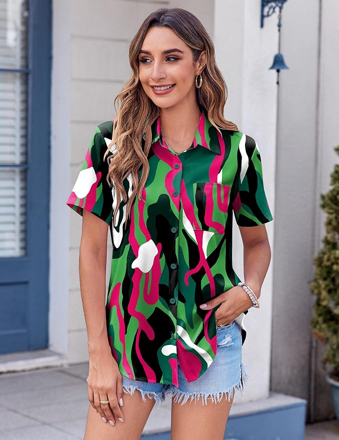 Zeagoo Womens Button Down Shirt Bust Pocket Short Sleeve Blouses Business Casual Work Tops Summer Outfits