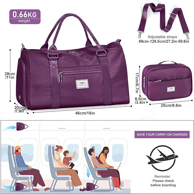 FIORETTO Womens Gym Tote Duffle Bag with Toiletry Bag, Sports Duffel Overnight Hospital Workout Carry on Bag for Girls with Wet Pocket & Shoe Compartment, Ideal for Travel, Swimming, Dance Purple