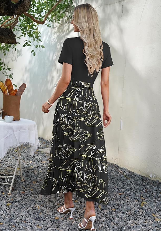 AUSELILY Maxi Dresses for Women Ankle Length Floral Print Beach Long Flowy Dress with Pockets