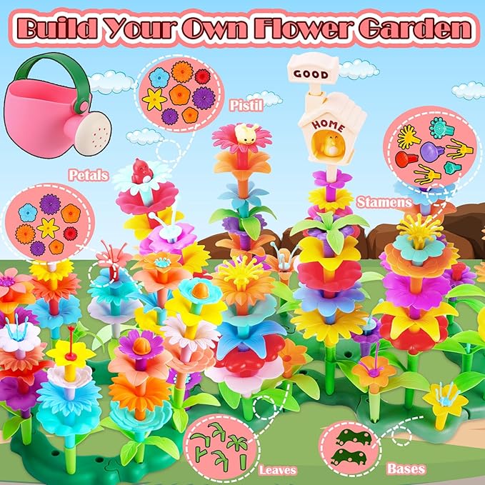 FUNZBO 138pcs Flower Garden Building Set - Spring Toys for 3 4 5 6 7 Years Old Girl, Sorting & Stacking Building Block, STEM Montessori Educational Toy for Kid Toddler Birthday Gift