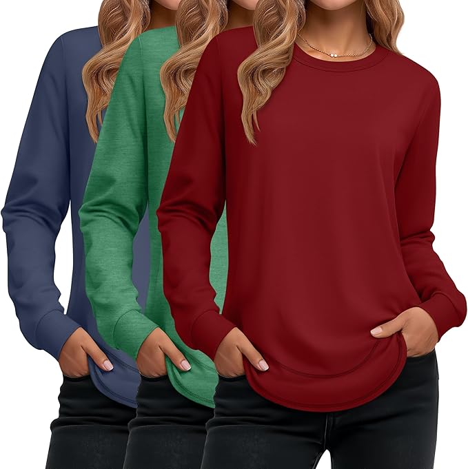 Ficerd 3 Pack Women's Long Sleeve Shirts, Cotton Crew Neck Tunic Tops Casual Loose Fit Pullover Sweatshirts Curved Hem Shirts