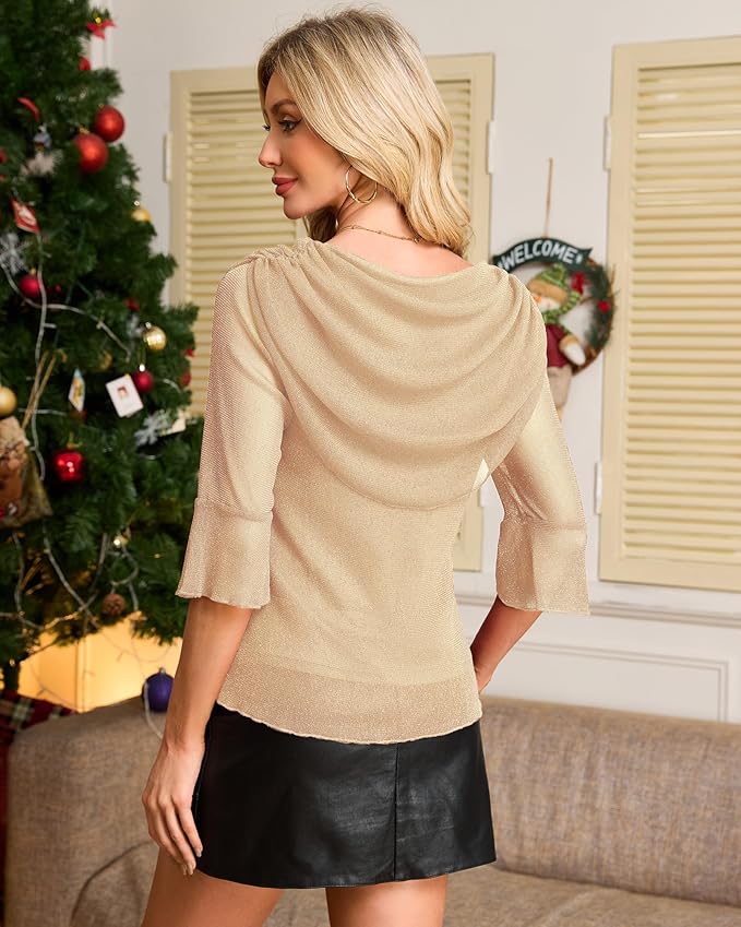 Lotusmile Blouses for Women Dressy Casual 3/4 Sleeve Cowl Neck Sparkly Tops Cocktail Shirts for Evening Party