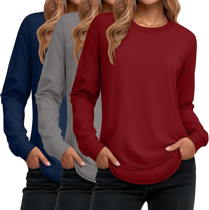 Ficerd 3 Pack Women's Long Sleeve Shirts, Cotton Crew Neck Tunic Tops Casual Loose Fit Pullover Sweatshirts Curved Hem Shirts