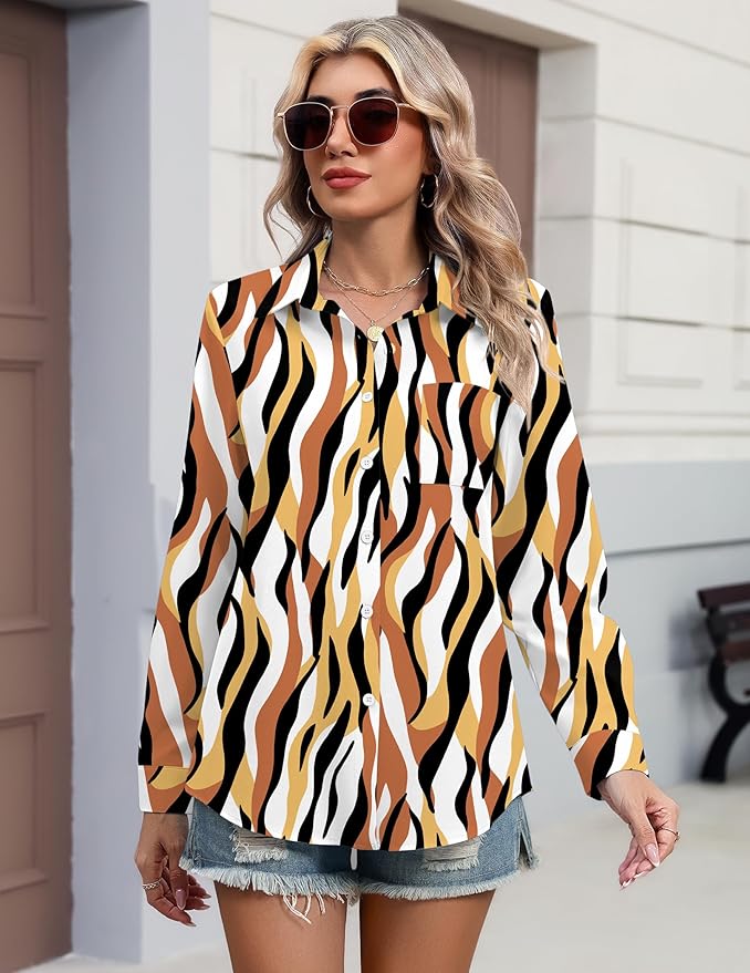 HOTOUCH Button Down Shirts for Women Long Sleeve Blouse Dressy Casual Business Work Tops with Pocket
