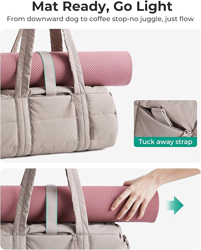 BAGSMART Reiki Gym Bag for Women, Medium Yoga Mat Crossbody Bag with Wet & Dry Pocket, Quilted Gym Shoulder Bag for Weekend, Sand Brown