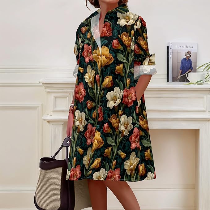 Shirt Dresses for Women 2025 Summer Long Sleeve Casual Plus Size Floral Printed Beach Vacation Dress with Pockets