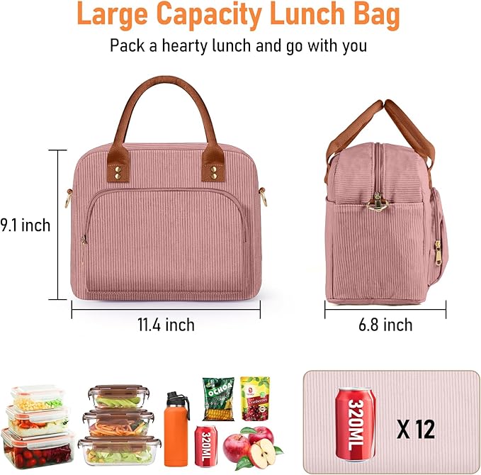 Lunch Bag Large Insulated Lunch Box for Women Men Adult Cute Pink Lunchbox Corduroy Lunch Bags Boxes Pail with Adjustable Shoulder Strap for Work Mom Picnic Office Travel 11.4×6.8×9.1 inches 11.5L