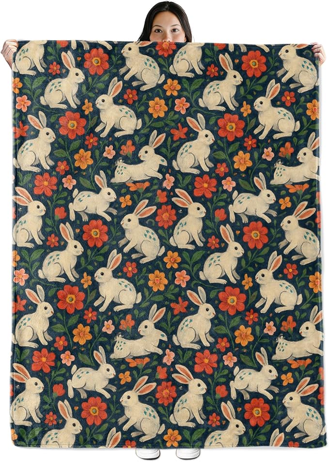 Oertud Bunny Gifts, White Rabbit and Floral Theme Flannel Blanket for Women, Spring Animal Birthday Throw Blankets for Kids, Girls, Travel Camping Sofa Living Room Decor 40x50 in