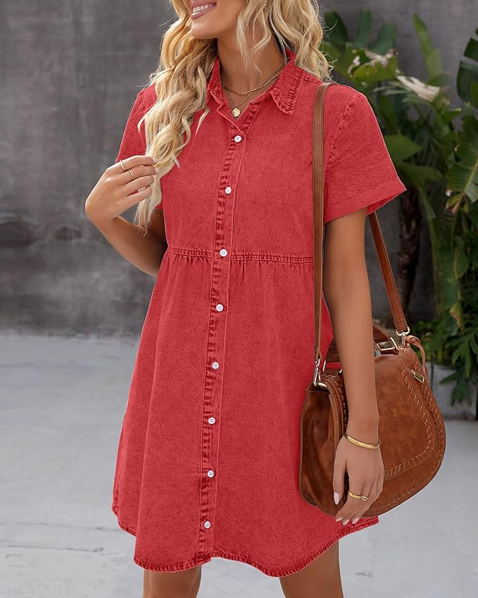 LookbookStore Women's Short Sleeve Button Down Flowy Tiered Babydoll Denim Dress