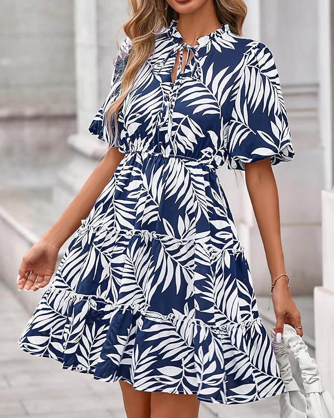 BTFBM Women Summer Floral Short Dresses V Neck Short Sleeve Tiered Ruffle Boho Swing Dress A-Line Mini Dresses