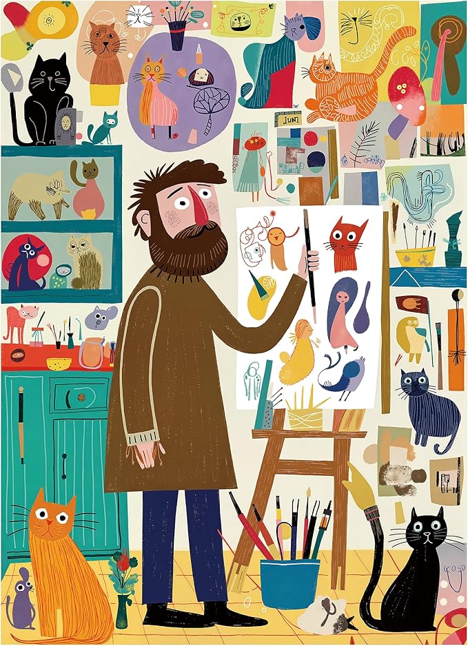 Graphinee Jigsaw Puzzles for Adults 1000 Pieces, Cat Painter Puzzle, Colorful as Home Wall Decor for Family Challenging Games