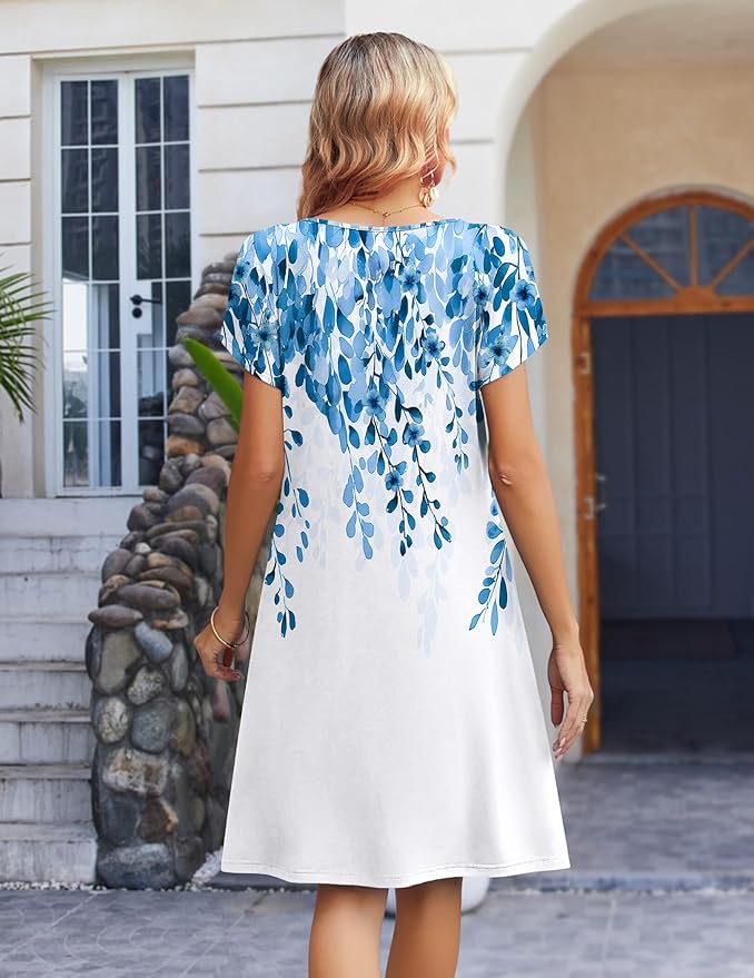 Zeagoo Women's Casual Dresses with Pockets Summer Floral V-Neck A-Line Tshirt Dress Short Sleeve Mini Dress Beach Sundress