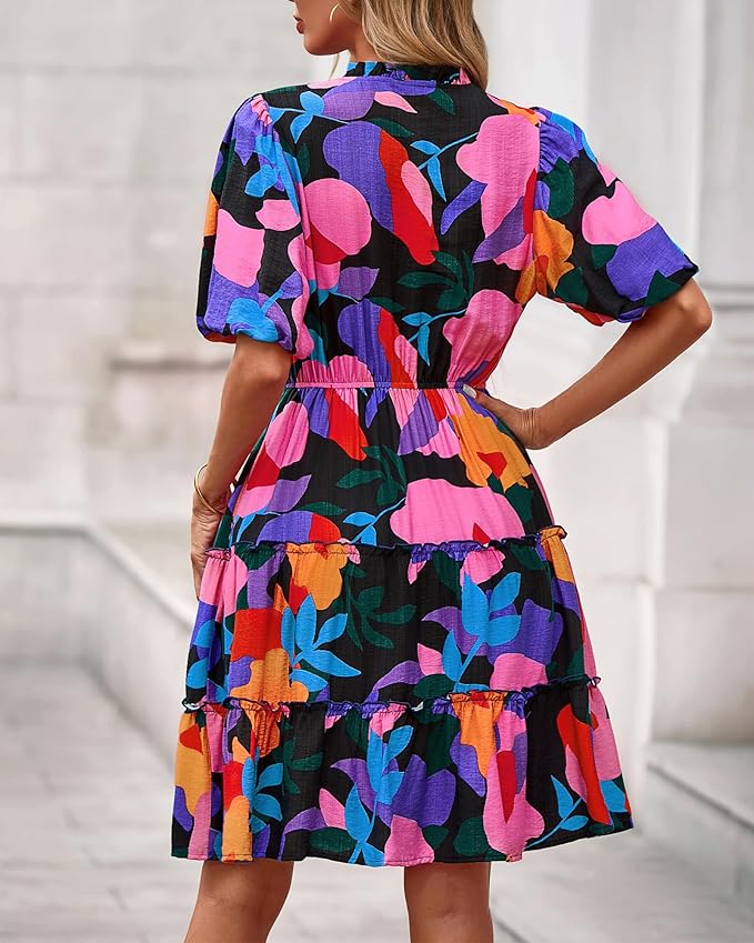BTFBM Women Summer Floral Short Dresses V Neck Short Sleeve Tiered Ruffle Boho Swing Dress A-Line Mini Dresses