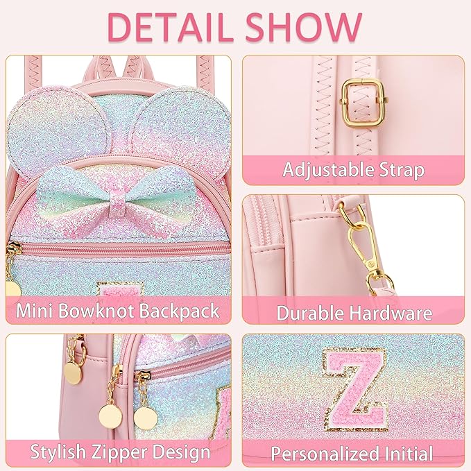 KKXIU Initial Bowknot Mini Backpacks for Girls Women, Small Cute Backpack Purse, Personalized Valentines Day Gifts for Toddler, Kids and Teen Girls(Z, Rainbow)